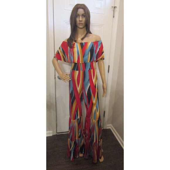 Win Win Jumpsuit Off Shoulder Ruffled Retro Striped Bell Bottom Pants NWOT Sz M - Picture 2 of 8